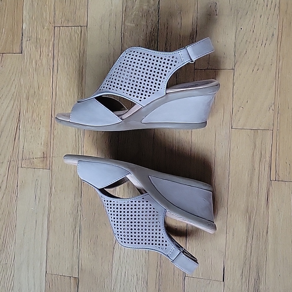 Earth Taupe Suade Wedge Sandals - Picture 2 of 5